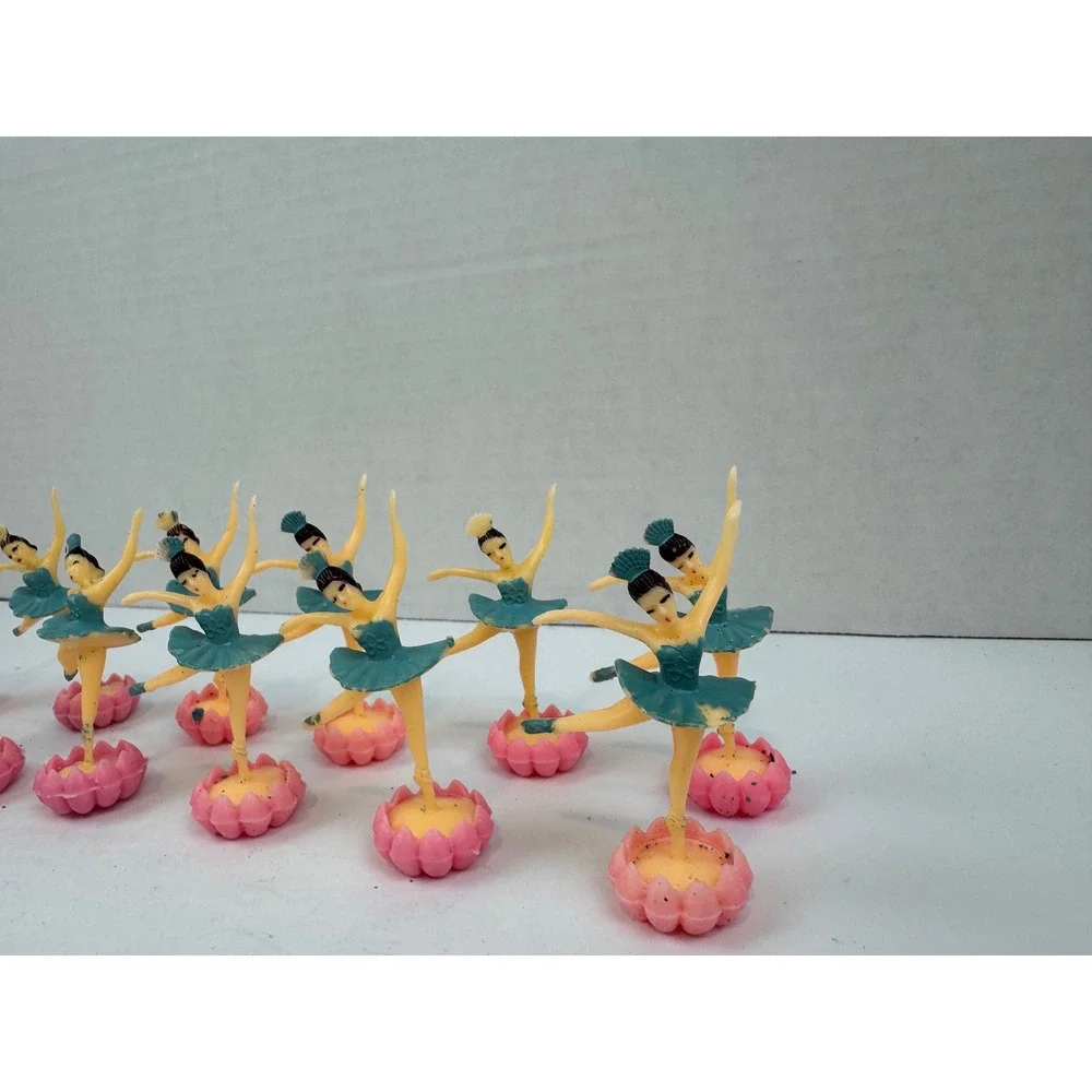 12 Vintage Plastic Ballerina Cake Toppers Teal Pink Lotus Base Party Favors